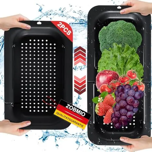 Produktbild: ZOBMIO 2 Stück Abtropfsieb Spülbecken, Abtropfsieb Usziehbar(34.5-48cm), Spülbecken Sieb Multifunktional, Sieb für Waschen, Abtropfen, Auftauen Gemüse und Obst, Nudeln(Schwarz)