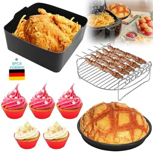 Produktbild: ZOBMIO 8 Sets Airfryer Zubehör, Zubehör Heißluftfritteuse Wiederverwendbar, Heißluftfritteuse Zubehör, Heissluftfritteuse Zubehör für Philips Airfryer Xl 6,2L, Cosori 5,5L 4,7L, Cecotec 6L Etc