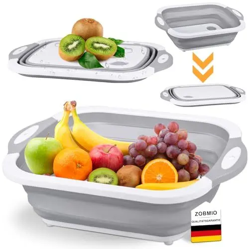 Produktbild: ZOBMIO Camping Schneidebrett, 3 In 1 Multifunktion Schneidebrett Camping, Schneidebrett Faltbar Waschbare Lagerung Von Obst und Gemüse, Spülschüssel Camping für Küche, Zubehör, Outdoor