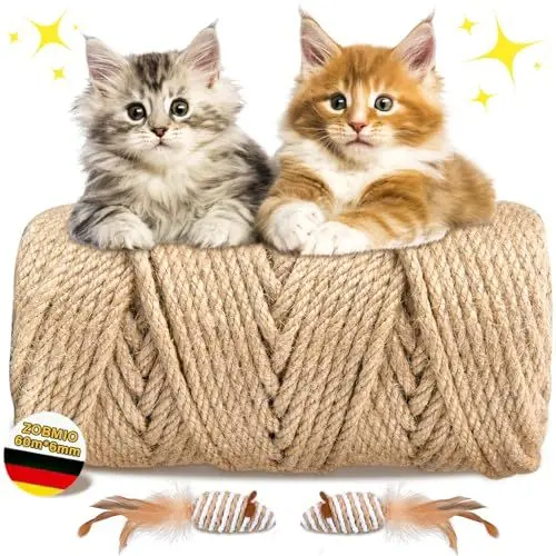 Produktbild: ZOBMIO Sisalseil für Kratzbaum mit Zwei Maus-Spielzeugen, 6mm X 60m Natur Juteschnur, Sisalseil Katzen-Kratzbaum Ersatz und Zubehör, Hanfseil für Verpackung, DIY Kunst-Handwerk, Floristik, Dekoration