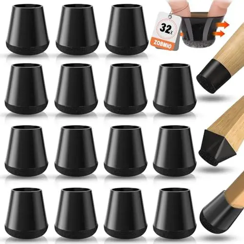 Produktbild: ZOBMIO Stuhlbeinkappen, 32 Stück mit Filz Stuhlbeinschoner, Schwarzes Silikon Schutzkappen für Stuhlbeine, Stuhlbeinkappen Rund-für Kratzfeste und Lärmreduzierte Böden(14-20mm)