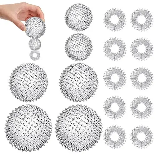 Produktbild: Zocipro 6 Stück Magnetic Acupressure Balls mit 10 massageringe für finger, Massageball Magnetisch, Igelbälle Massagebälle 32 mm/47 mm/56 mm,Skills Igelball Massage Set für Stress Relief oder Massage
