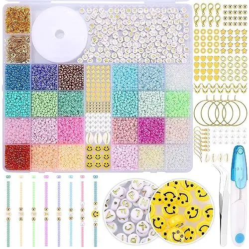 Produktbild: Zocipro 12608 Stück 3mm Perlen für Armbänder, 24 Bunte Glasperlen zum Auffädeln,Mini Perlenset Charm Kit mit Holzperlen,Perlen zum Auffädeln für Weihnachten DIY Bracelet Making Kit,Partys,Feiertage