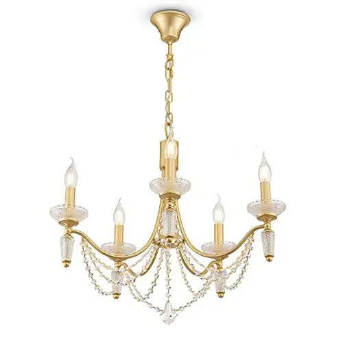 Produktbild: Zoe Kronleuchter Kerzen im Antik-Stil, zahlreicher Kristall-Dekor, goldenes Metall, höhenverstellbar, 5-flammig exkl. E14 40W (excl.) -Eleganter Lichtzauber ür Schlafzimmer, Wohnzimmer, Küche