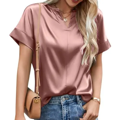 Produktbild: Zofedap Satin Bluse Damen Elegant Kurzarm Basic Tunika Einfarbig V-Ausschnitt Oberteile Sommer Tops T Shirt Hemden