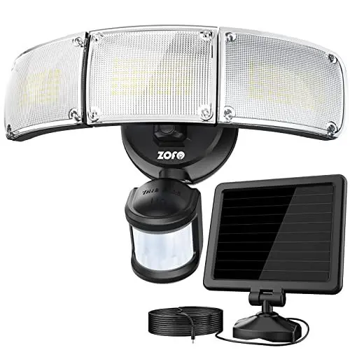 Produktbild: ZOFO 2300LM Solarlampen für Außen mit Bewegungsmelder, Solar LED Strahler Lamp mit Bewegungsmelder Außen IP65 Wasserdicht, Solar-Sicherheitsleuchte Außen 5000K, 5m Kabel 3 Köpf, Schwarz für Garage