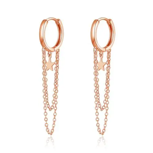 Produktbild: Zolkamery Damen Creolen Ohrringe Hängend, 925 Sterling Silber Huggie Kreolen Ohrringe mit Zwei Quaste Kette, Rosegold Ohrhänger für Frauen Mädchen, Hypoallergen Tropfen Baumeln Stern Anhänger Ohrringe