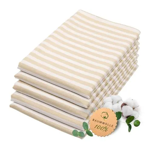 Produktbild: ZOLLNER 5er Set Geschirrtücher Baumwolle in 50x70 cm - saugstarke und langlebige Küchentücher - waschbar bis 60°C – in beige gestreift- Gastronomiequalität - Oeko Tex® Zertifiziert