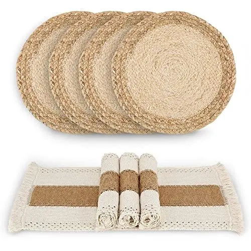 Produktbild: Zology Handgefertigte Boho-Tischsets, 4er-Set, natürliche Baumwolle, Sackleinen und Wasserstroh, gewebte Kombinationstischsets, Makramee-Dekor und Bauernhaus-Stil, für Esstisch, Küche
