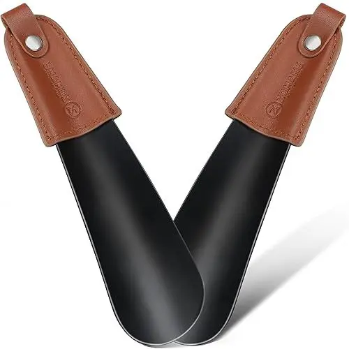 Produktbild: ZOMAKE Mini Schuhlöffel Klein Metall - Kurz Schuhanzieher Edelstahl Shoe Horn 17cm,2er Pack Kleiner Schuhlöffel mit Ledergriff(Schwarz)