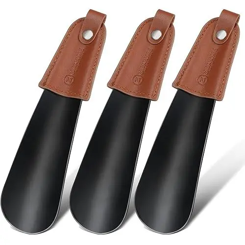 Produktbild: ZOMAKE Mini Schuhlöffel Klein Metall - Kurz Schuhanzieher Edelstahl Shoe Horn 17cm,3er Pack Kleiner Schuhlöffel mit Ledergriff(Schwarz)