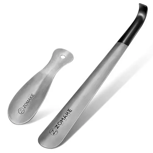 Produktbild: ZOMAKE Schuhlöffel Metall 2er Set - 42cm Lang Schuhanzieher Edelstahl Shoe Horn mit Gummihülse,19cm Schuhlöffel Klein Stabil mit Wandhalterung für Senioren(Silber 42&19cm)