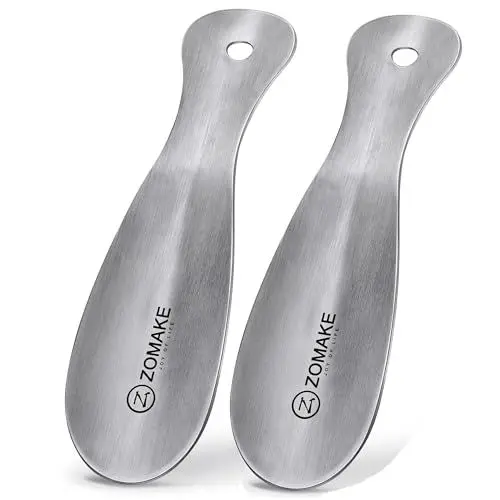Produktbild: ZOMAKE Schuhlöffel Metall Klein 2er Set,Kurz Schuhanzieher Edelstahl 19cm Mini Shoe Horn - Silber Kleiner Schuhlöffel mit Wandhalterung(19cm 2er)