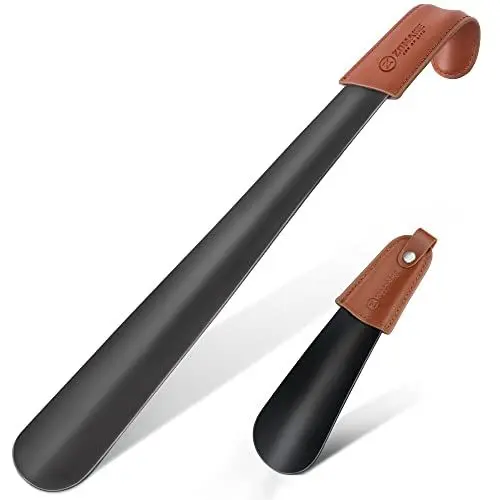 Produktbild: ZOMAKE Schuhlöffel Metall Set 2er - 42cm Lang Schuhanzieher Edelstahl Shoe Horn Schwarz mit Lederband,17cm Klein Schuhlöffel (Black 42&17cm)