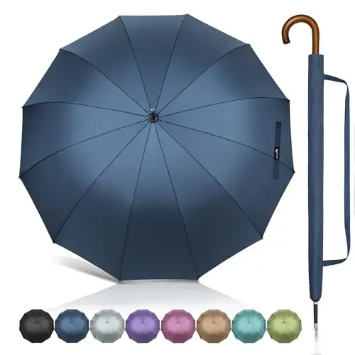 Produktbild: ZOMAKE Stockschirm Groß XXL- 12 Rippen Regenschirm Sturmfest Automatik Für Herren & Damen,55 Inch Stockschirme Großer Stabil Mit Holzgriff,Regenschirme Golf Schwarz Für 2 Personen(Marineblau)