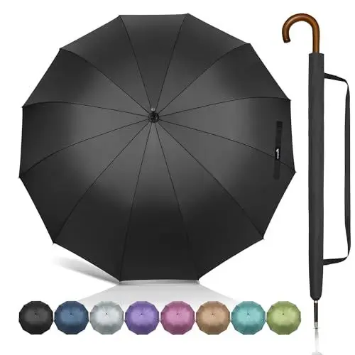 Produktbild: ZOMAKE Stockschirm Groß XXL- 12 Rippen Regenschirm Sturmfest Automatik Für Herren & Damen,55 Inch Stockschirme Großer Stabil Mit Holzgriff,Regenschirme Golf Schwarz Für 2 Personen(Schwarz)