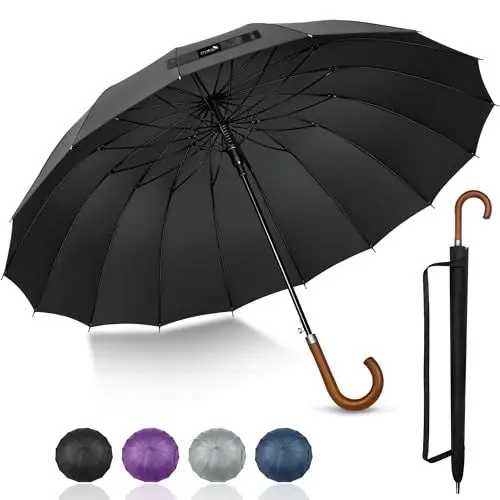 Produktbild: ZOMAKE Stockschirm - XXL 55 inch Golf Regenschirm Groß,16 Knochen Sturmfest Stabil Automatik Umbrella,Windsicher Regenfest Reise Regenschirm Mit Holzgriff für Damen & Herren(Schwarz)