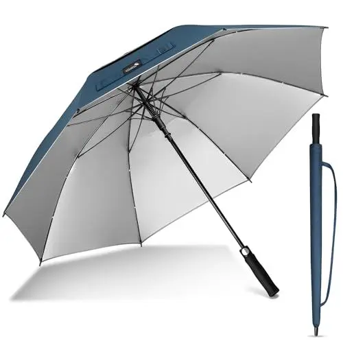 Produktbild: ZOMAKE UV Großer Golfschirm Sturmfest,62 inch Sturm Regenschirm Groß Für Herren Damen,UPF 50+UV Schutz Regenschirm für Reisen(Marineblau Silber)