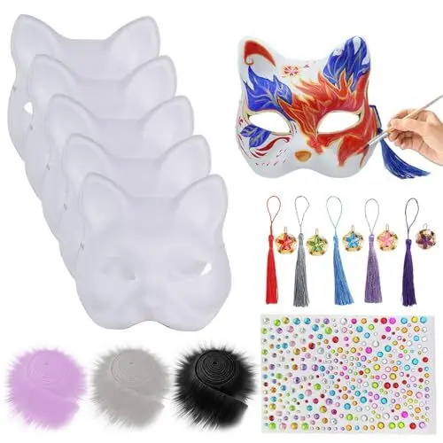Produktbild: ZONBBEE 5 Stück Katzenmaske mit Quasten Glöckchen Pelz Edelstein Aufkleber, Weiße Cat Mask,Bemalen Katzen Maske,Blank Katzen Masken Geeignet für DIY Maskerade Cosplay Halloween Karneval Party