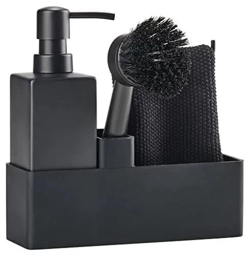 Produktbild: Zone Denmark Geschirrspülset, Spülorganizer mit Seifenspender/Spülmittelspender, Spültuch und Spülbürste, 19 x 6 x 20,5 cm, Set mit 4 Teilen, Schwarz