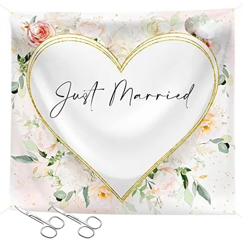 Produktbild: Zonon Hochzeitsherz zum Ausschneiden mit 2 Scheren Set 200 x 180 cm Blumen Gedruckt Hochzeitslaken Just Married Hochzeit Bettlaken Hochzeitsspiele Hochzeitslaken für Braut Bräutigam Brautpaar Deko