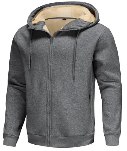 Produktbild: Zoofly Winterjack Thermo Fleece Herren Outdoorjack mit Kapuze Sweatjack Zipper Hoody Warm Gefüttert Mann Reißverschlusstasche XL Dunkelgrau
