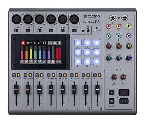 Produktbild: ZOOM PodTrak P8 Podcast-Recorder, 13-Spur Mischstudio, 6 XLR Mikrofoneingänge mit Phantomspeisung, USB Audio Interface für professionelle Podcast-Aufnahmen, Farb-LCD-Touchscreen