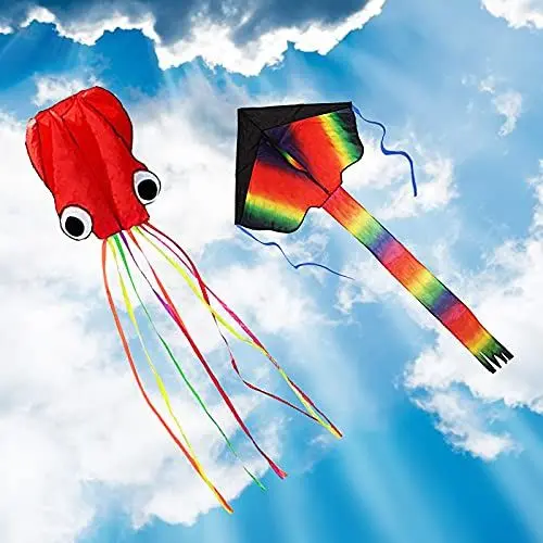 Produktbild: ZoomSky 2Stk Kinder Drachen,Große Bunt Delta Einleiner Flugdrachen und Rote Oktopus Winddrachen mit Drachenschnur für Mädchen Jungen ab 3 Jahre
