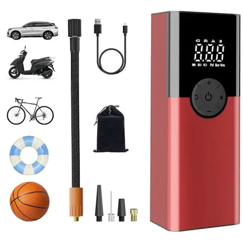 Produktbild: ZORUMAN 6000mAh Tragbare Elektronische Luftpumpe, 150PSI Fahrradpumpe Elektrisch, Akku Kompressor mit Digitalanzeige und Notbeleuchtung, Akku luftpumpe für Auto,Motorrad,Fahrrad, Rot