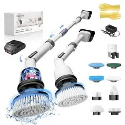 Produktbild: ZORUMAN Elektrische Reinigungsbürste, Maximale Drehzahl 1000 U/min, Verstellbarem Griff mit 8 Bürstenköpfen, 21V 2000mAh Akku für Bad Küche Fußboden Auto