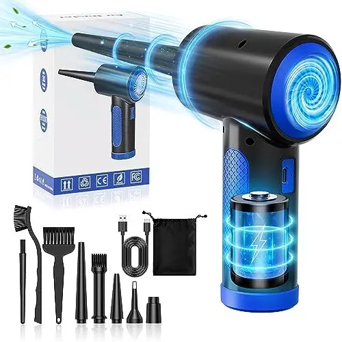 Produktbild: ZORUMAN Elektrisches Staubgebläse, 3 Gang Air Duster, 91000 U/min, Handgehaltenes Druckluftspray mit 9000mAh Akku LED-Licht PC Reinigungsset und Typ-C-Schnellladung (Blau)