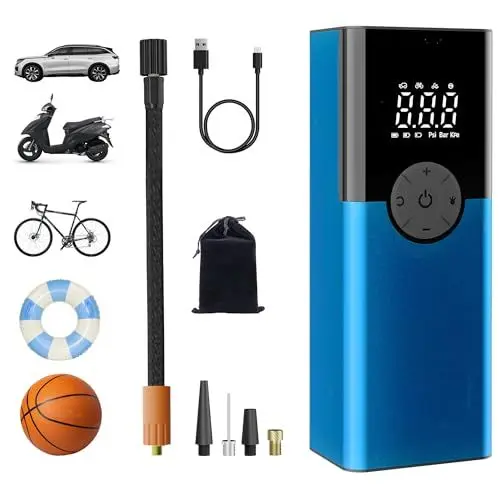 Produktbild: ZORUMAN Tragbare Elektronische Luftpumpe,150PSI Fahrradpumpe Elektrisch, Akku Kompressor mit Digitalanzeige und Notbeleuchtung, Akku luftpumpe für Auto, Motorrad, Fahrrad Blau