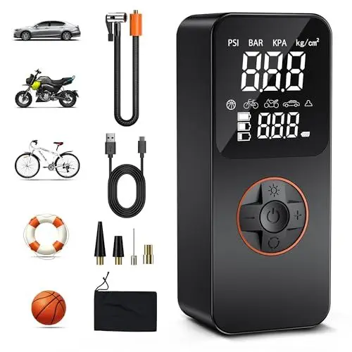 Produktbild: ZORUMAN Tragbarer Elektrische Luftpumpe mit 10000mAh Akku Kompressor,150 PSI Fahrradpumpe elektrisch mit Manometer/LED-Licht geeignet, Akku luftpumpe mit USB/LED-Licht für Auto Fahrrad Motorrad Bälle