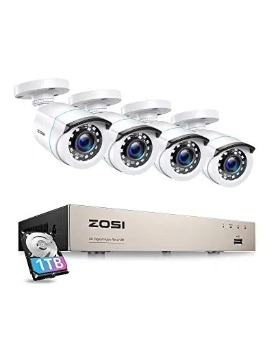 Produktbild: ZOSI 1080P Aussen Verkabelt Überwachungskamera Set mit 1TB HDD, 8CH H.265+ DVR, 4X 2MP Kabelgebunden Outdoor Bullet Kamera mit BNC Kabel, 24/7 Videoaufzeichnung