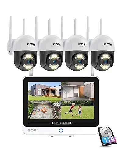 Produktbild: ZOSI 3MP Außen WLAN Überwachungskamera Set mit 12.5 Zoll Monitor 4X 3MP PT WiFi Kamera und 1TB Festplatte für Haussicherheit, 2 Wege Audio