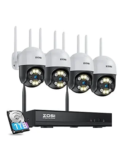 Produktbild: ZOSI 3MP Überwachungskamera Set WLAN Aussen, 4X Schwenkbar PTZ Dome Kamera 355°/140°, 8CH 1TB HDD NVR, 2-Wege-Audio, Personenerkennung, Spotlight Alarm
