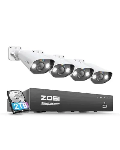 Produktbild: ZOSI 4K PoE Überwachungskamera Set mit 8CH 2TB HDD NVR und 4X 8MP Outdoor PoE IP Kamera, Personenerkennung, Farbe Nachtsicht, Flutlicht Außen Smart Videoüberwachung System