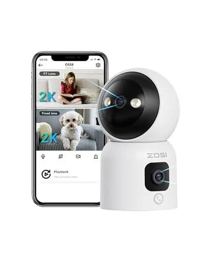 Produktbild: ZOSI Überwachungskamera Innen mit Dual-Objektiv 3MP+3MP, 2,4/5G WLAN, Taste/OK-Geste-Anruf, KI Personenerkennung und Verfolgung, Farbnachtsicht, C528D