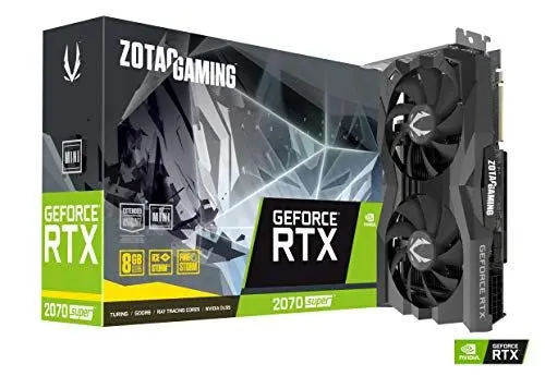 Produktbild: Zotac Gaming GeForce RTX 2070 SUPER Mini (NVIDIA RTX 2070 SUPER, CUDA-Kerne 2560, 8GB GDDR6, 256 Bit, Boost-Takt 1.800 Mhz, 14 Gbps)