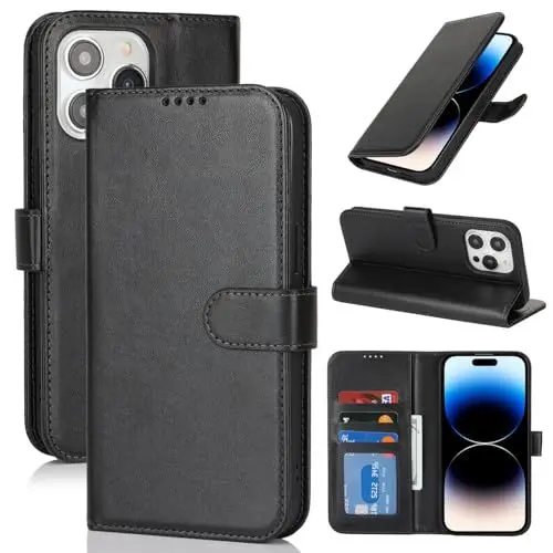 Produktbild: Zouzt Hülle für iPhone 14 Pro 6,1-Zoll, Stoßfestes PU Leder Handyhülle Lederhülle Klapphülle mit Kartenhalter und Standfunktion Flip Leather Wallet Phone Cover (Schwarz)