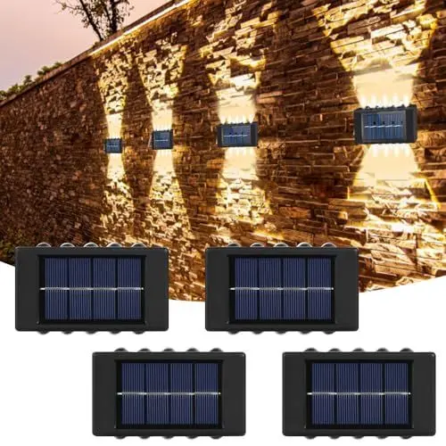 Produktbild: ZOYDP 4 Stück Solar Wandleuchte Aussen 10 LED, Solarlampen für Außen Wand IP65 Wasserdichte, Dekorative Wandbeleuchtung, Up Down Solarwandleuchten Außen für Terrasse, Garten, Wand (Warmweiß)