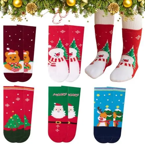 Produktbild: ZOYDP 5 Paar Weihnachtssocken für Kinder - Baumwolle Cartoon Kindersocken, Santa Warme Socken für Mädchen Jungen 1-3 Jahre Alt - Weihnachten Geschenk