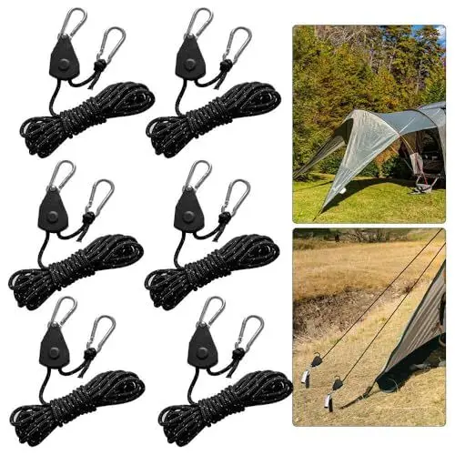 Produktbild: ZOYDP 6 Stück Abspannseile Camping mit Ratsche, 16.4ft/5m, 4mm Abspannseile Reflektierend mit Seilspanner, Einstellbare Seilratsche mit Haken, Zeltschnur mit Spanner für Zelt Zeltplane Camping