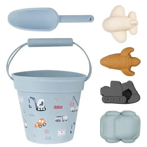 Produktbild: ZOYDP 6 Stück Sandspielzeug Silikon Kinder, Spielstabil Sandspielzeug Set Mädchen Junge, Sandkasten Spielzeug mit Eimer, Sandschaufel, Auto, Flugzeuge, Raketen, Bagger, Strandspielzeug Kinder Outdoor
