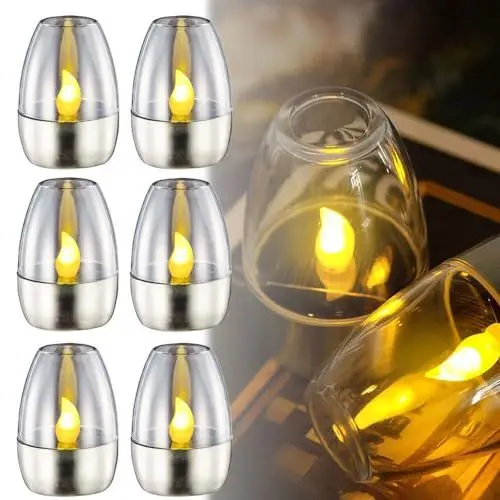 Produktbild: ZOYDP 6 Stück Solar Kerzen Outdoor, LED Solarkerzen Außen Wasserdicht, Edelstahl Solar Teelicht Außen Warmweiß Licht, LED Solarlampe Tisch Outdoor für Deko Garten Balkon (Transparent)