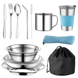 Produktbild: ZOYDP Camping Geschirr Set 2 Personen, 12PCS Campingbesteck Set, Camping Besteckset 2 Personen mit Messer Gabel Löffel Teller, Campinggeschirr Edelstahl, Outdoor Geschirr für Outdoor Wandern Camping