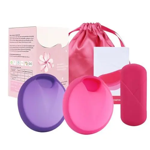 Produktbild: ZOYDP Menstruationsscheibe, 2 Stück Menstrual Disc, Wiederverwendbare Periodenscheibe, Menstruationstasse aus Silikon mit Silikonbox, Alternative zu Tampons, für Sport, Schwimmen, Auslaufsicher (S+L)