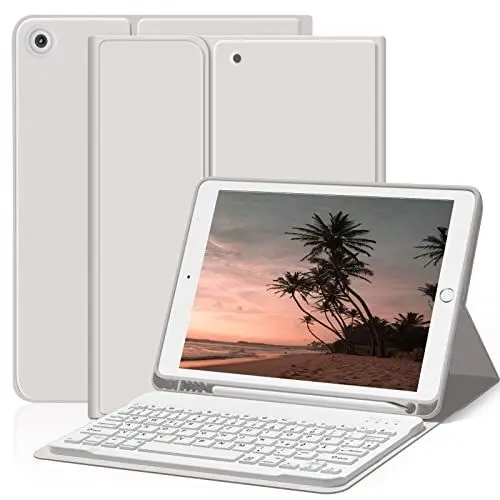 Produktbild: ZOYU Hülle mit Tastatur für iPad 9. 8. 7. Generation 2021 2020 2019, iPad 9/8/ 7 10,2 Zoll Hülle mit Tastatur, Bluetooth Keyboard Folio mit Stifthalter, QWERTZ Layout, Grau