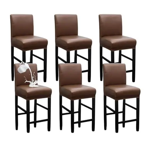 Produktbild: ZRCYXDW Stretch PU Barhocker Abdeckung, 6 Stück wasserdichter Stuhlhussen Barhocker Bezug mit elastischer Unterseite Abnehmbarer Hussen für Barhocker für Esszimmer Cafe-Tiefer Kaffee-6 Stück