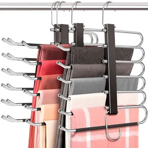Produktbild: ZriEy 4 Pack 6-Tier platzsparende Hosenbügel, Anti-Rutsch, leicht, Edelstahl, schwarz, 6 Paare Jeansbügel